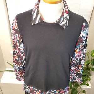 Investment Petites Women's Size XL Petite Black and Purple Floral Prep Sweater